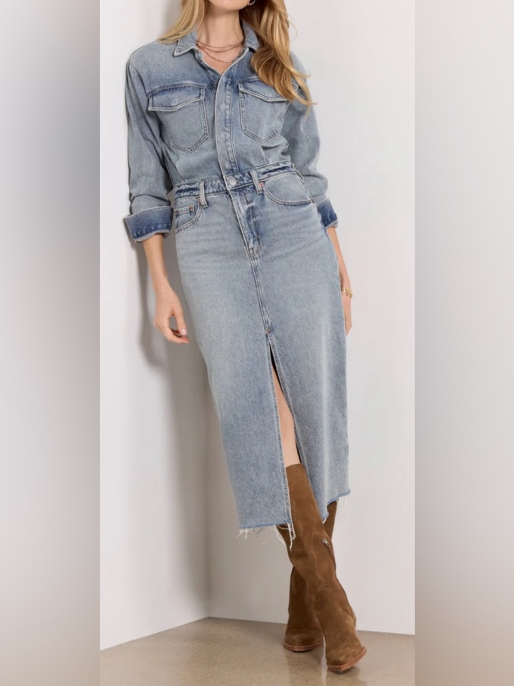 Pistola Light Blue Denim Amira Midi Dress Size XL Snap closure 100% cotton. NWT